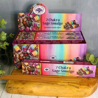 7 Chakra Sage Smudge Incense 15gms Sticks Green Tree