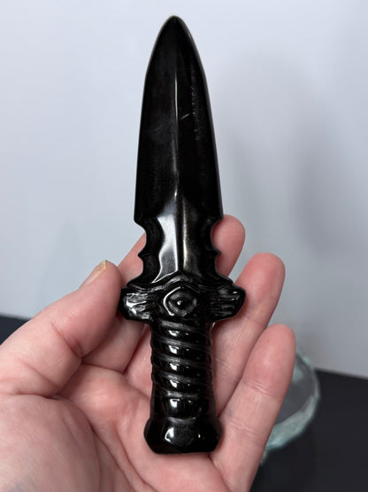 Black Obsidian Dagger Carving 15cm | Eye of Protection Crystal Sword