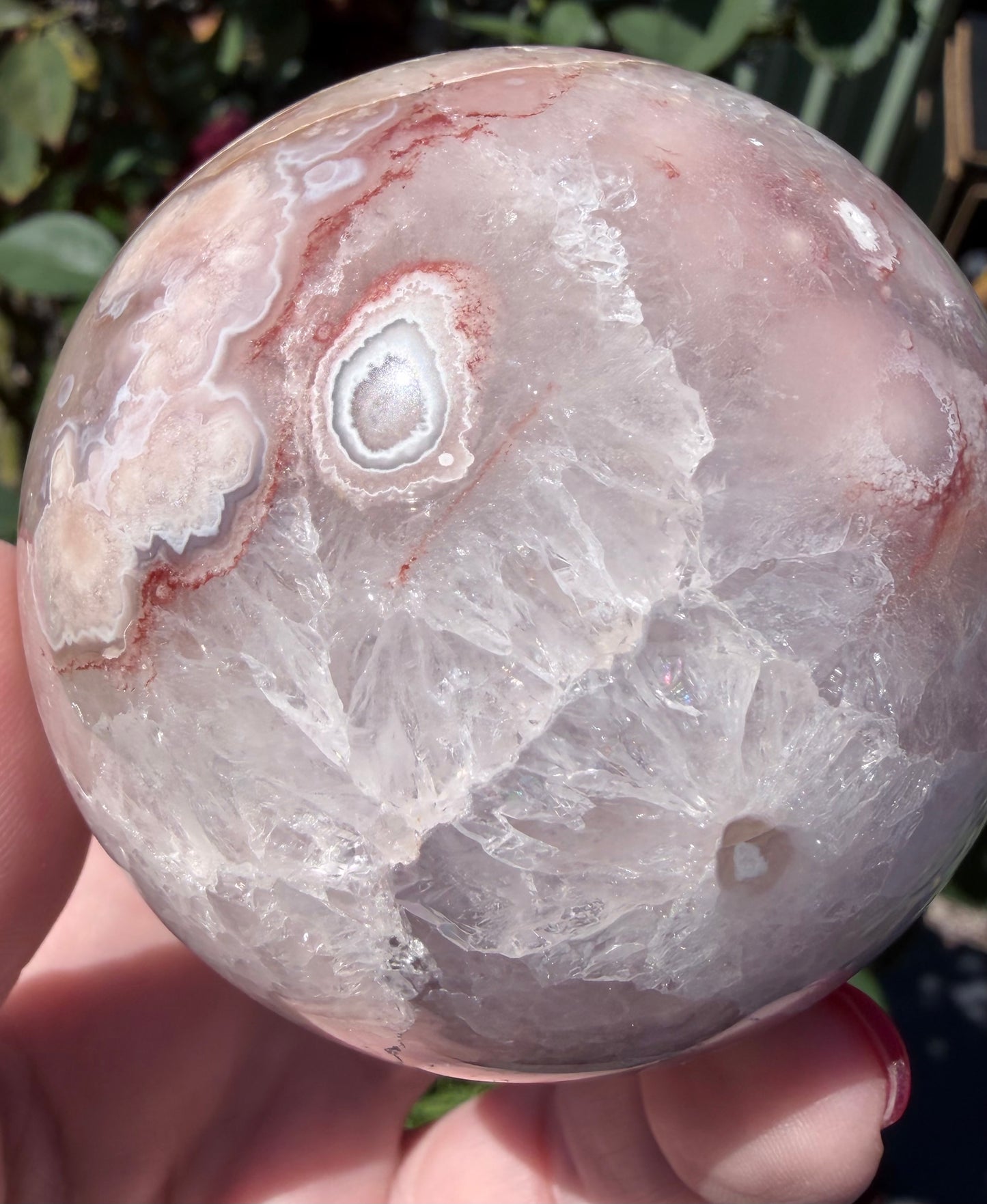 Premium Flower Agate Sphere with Druzy & Crystal Garden – 7 cm | 445g