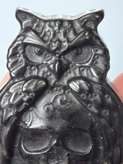 Black Obsidian Owl & Skull Carving with Acrylic Stand – 8cm