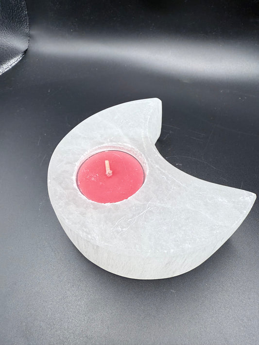 Selenite Moon Tealight Candle Holder