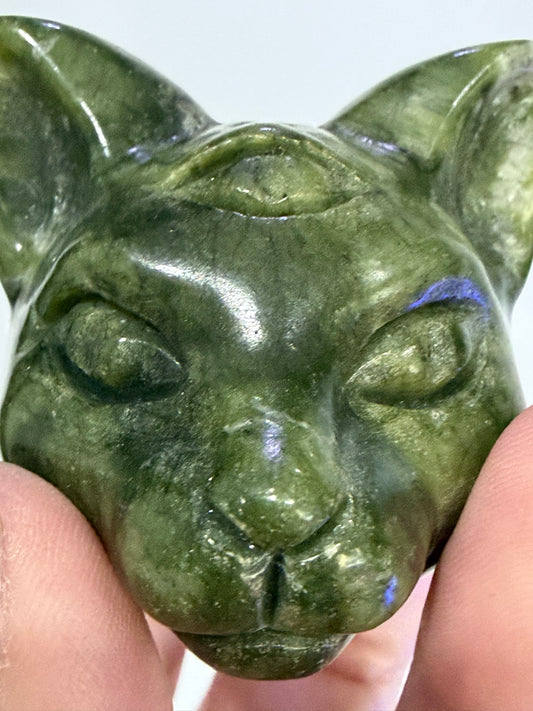Green Serpentine Cat Head Carving – 5cm B