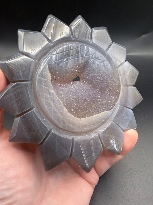 Agate Sunflower Carving with Druzy + Zodiac Stand