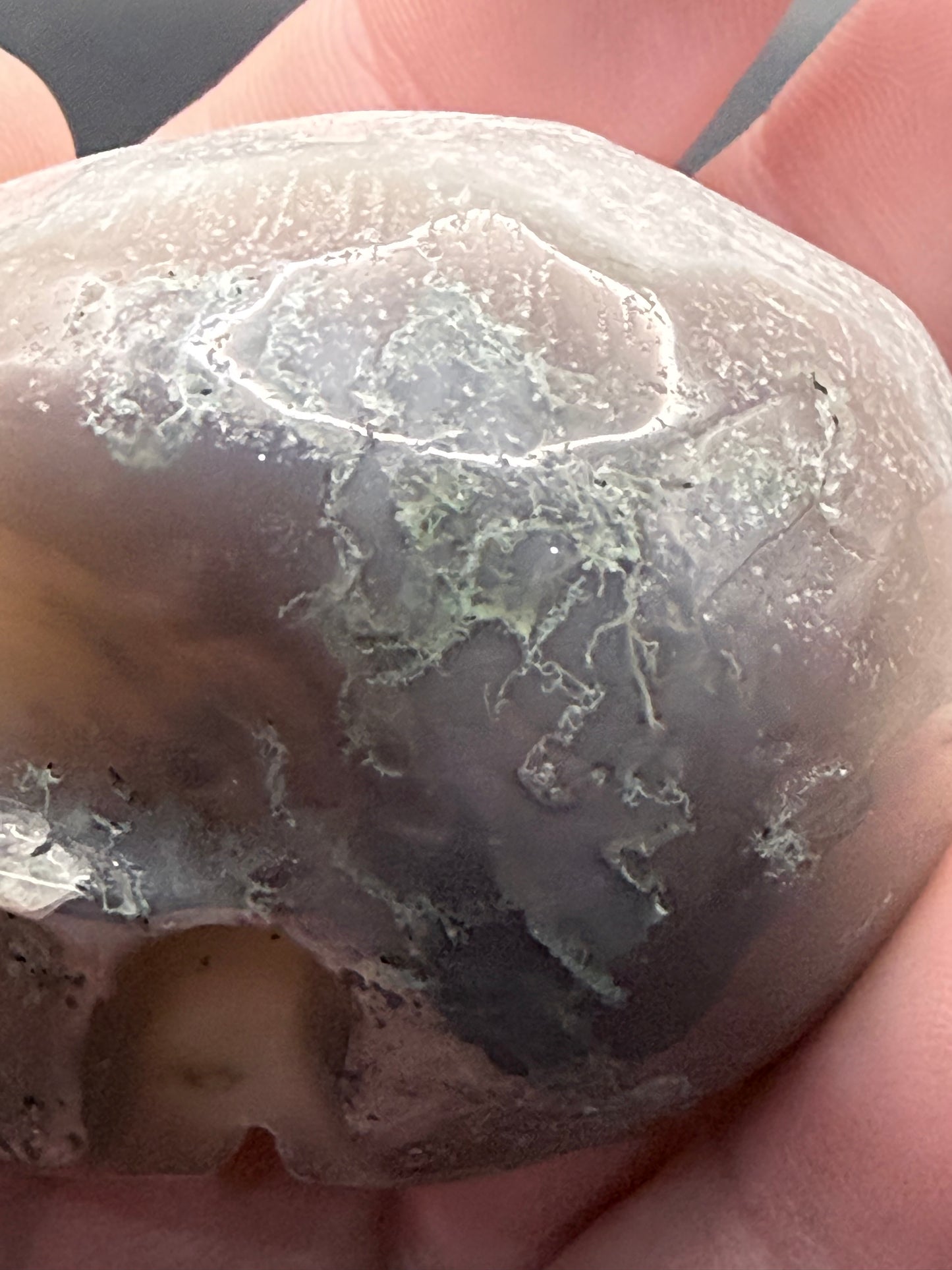 Moss Agate with Quartz Skull Carving – 120g | 5.5 × 5cm