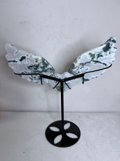Moss Agate Angel Wings with Heart on Stand – 25cm
