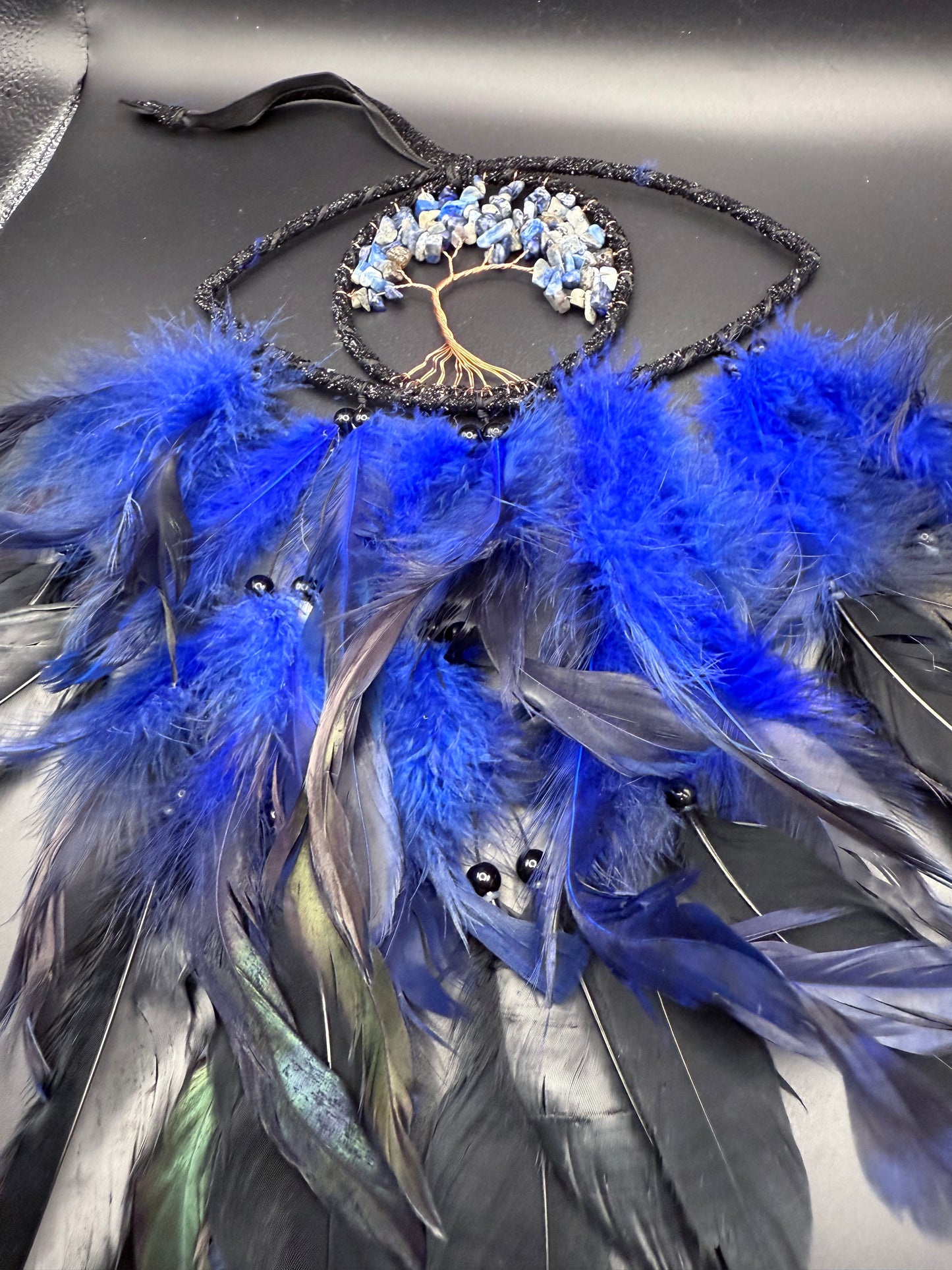 Blue & Black Dreamcatcher with Lapis Lazuli Tree of Life – 35cm