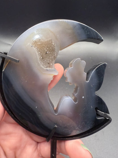 Agate Moon & Fairy with Druzy Cavern