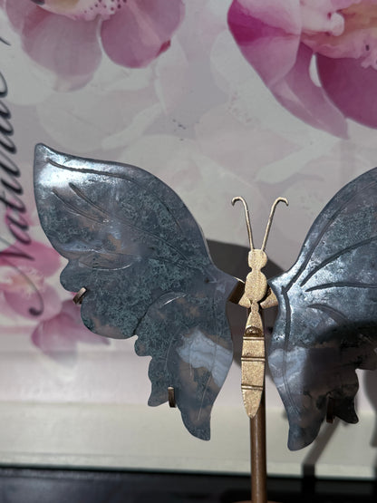 Moss Agate Butterfly On Gold Stand