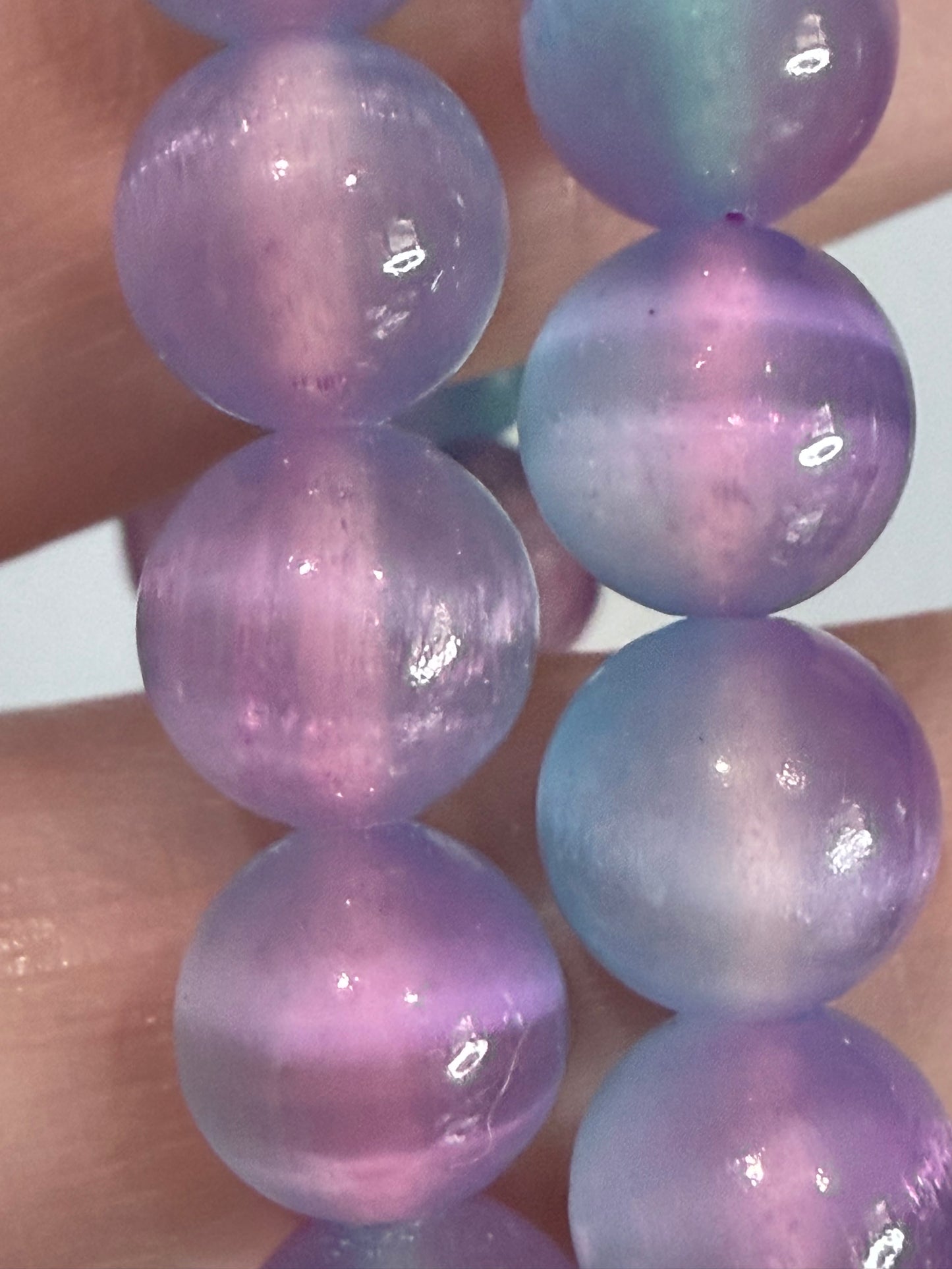 8mm Blue & Pink Selenite Bracelet – | Soft Dual Tone Satin Spar Glow - Encourages peace & relaxation