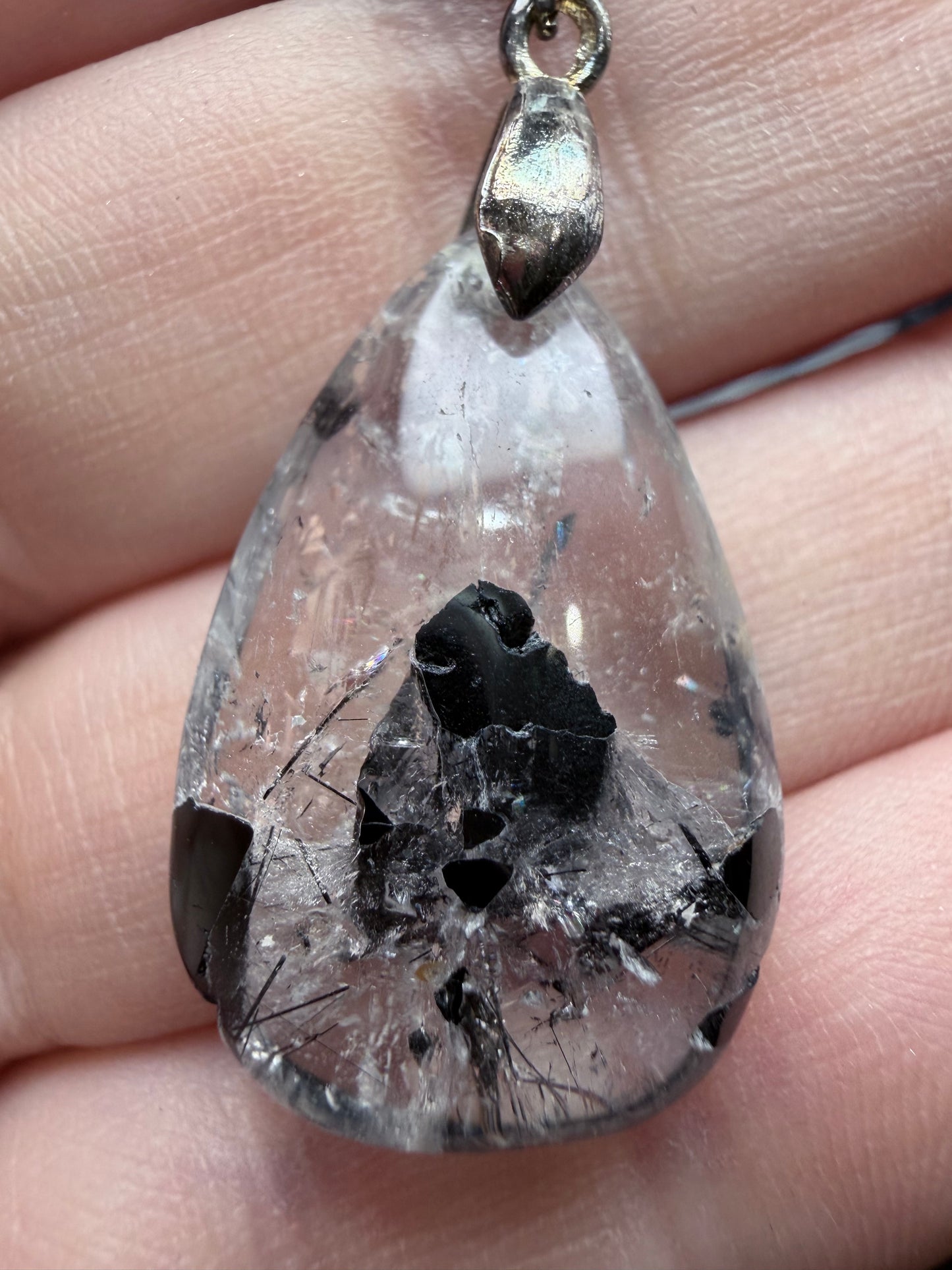 Black Tourmaline in Quartz Pendant with 925 Bail & Black Cord (3cm)