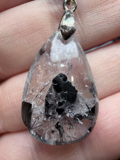 Black Tourmaline in Quartz Pendant with 925 Bail & Black Cord (3cm)