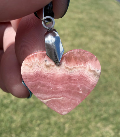Rhodochrosite Heart Pendant Necklace – 50cm Rope Chain (Gift Box Included)