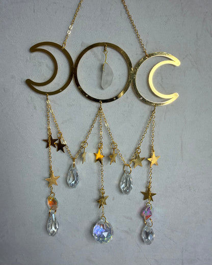 Clear Quartz Triple Moon Suncatcher – 30 × 15cm