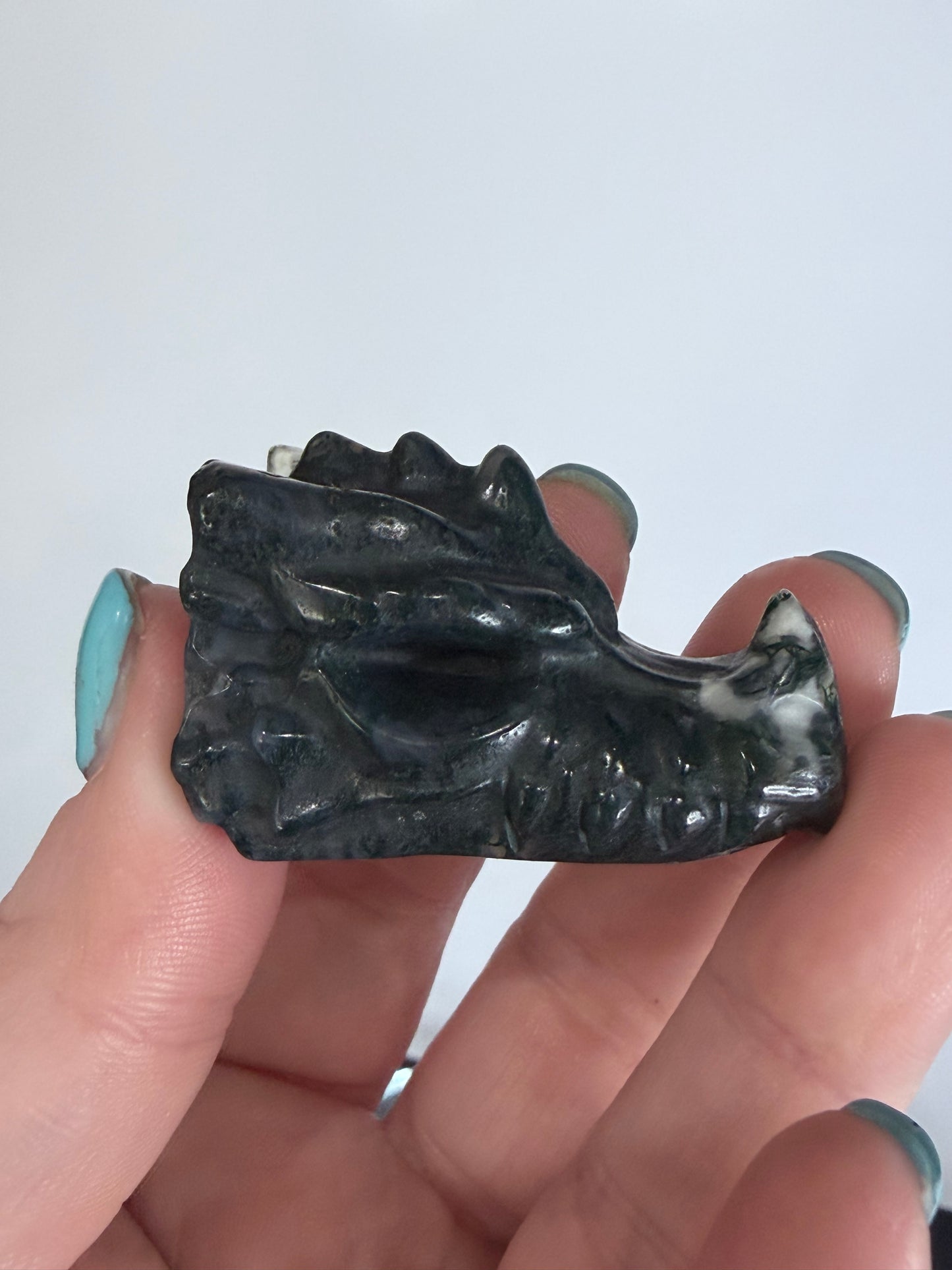 Moss Agate Dragon Head Carving 5cm B -
