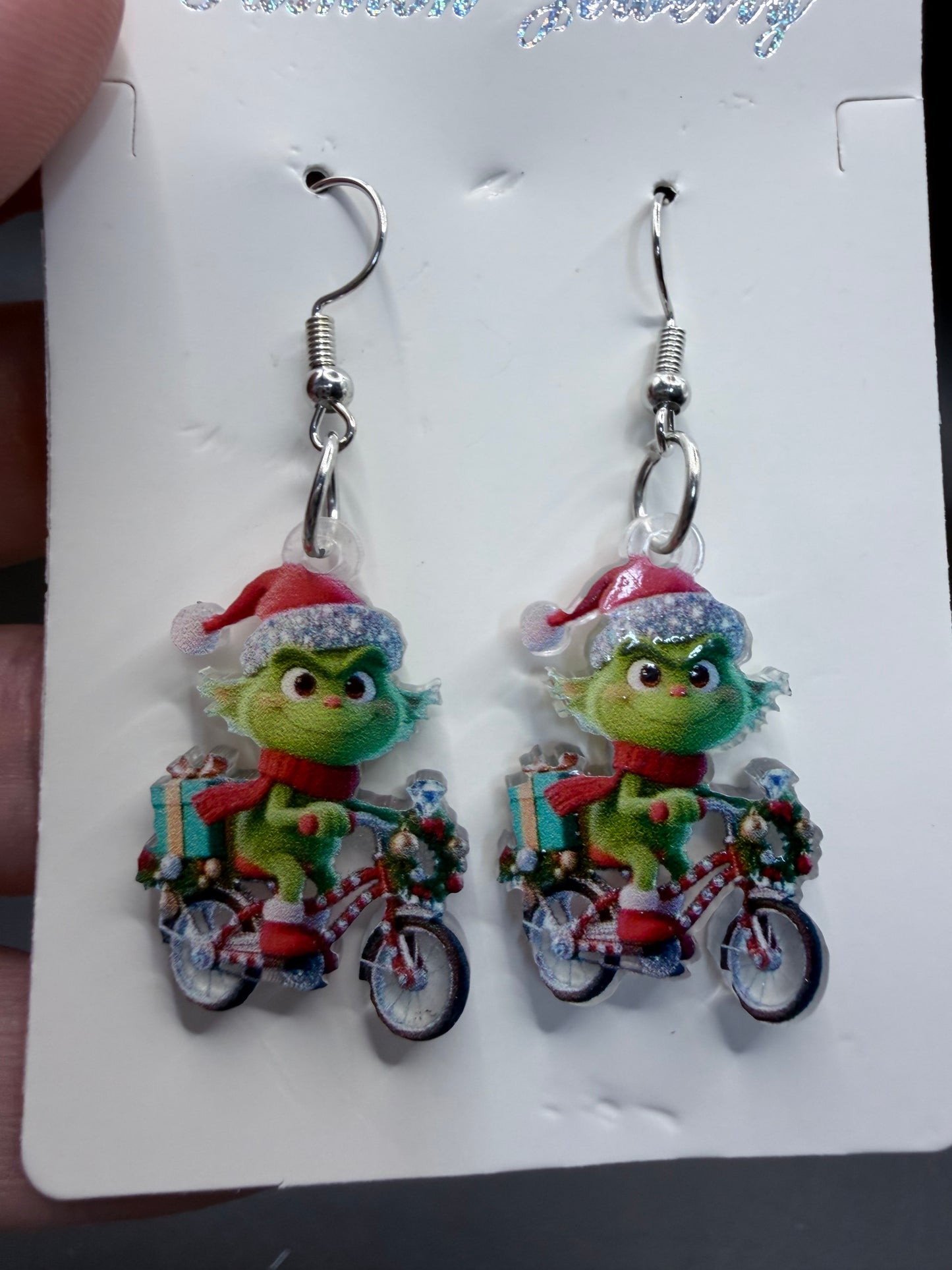 The Grinch on a Bike – Christmas Earrings