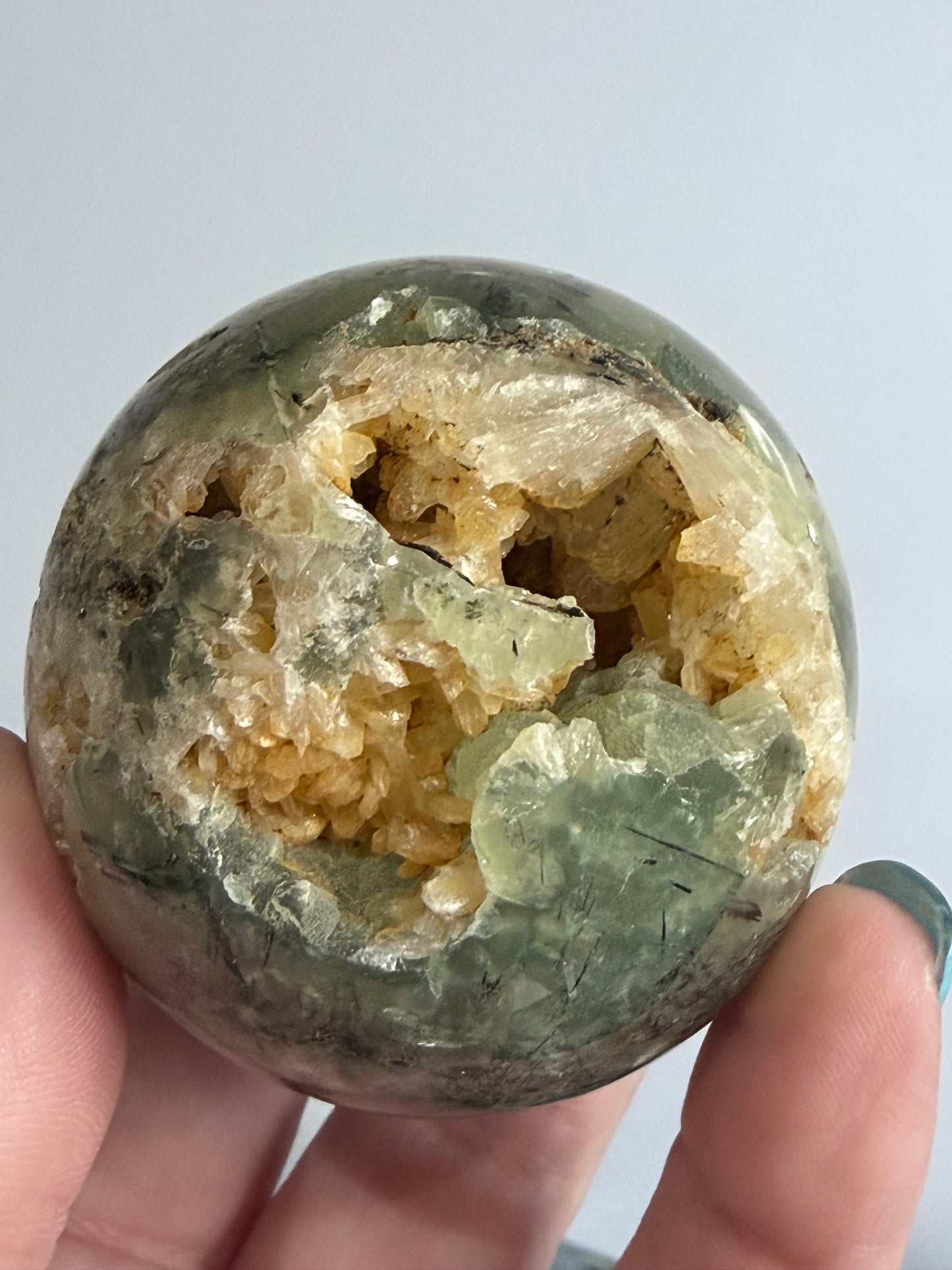 Prehnite with Epidote & Calcite Crystal Cave Sphere C - 5.7cm