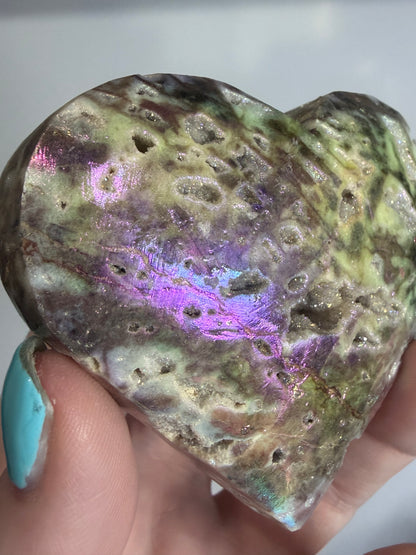 Aura Coated Sphalerite Heart with Natural Druzy Cave 135g 7.2x6.4cm D