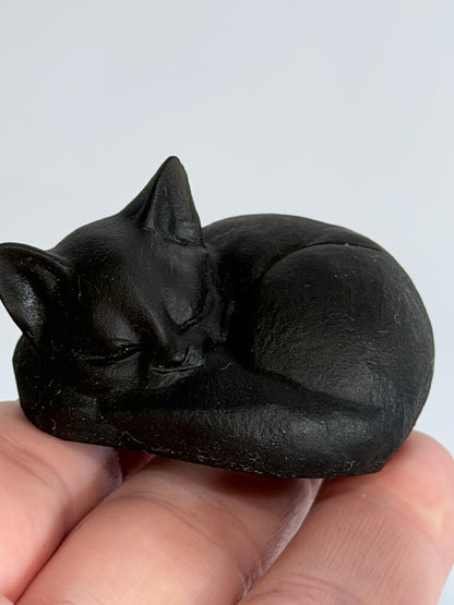 Sleeping Cat Carving 4cm Black Obsidian