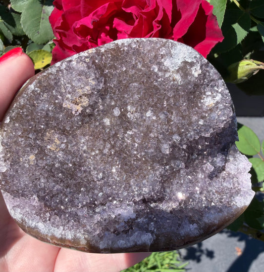 Red Amethyst Druzy Crystal Charging Bowl – Sparkling Agate Geode Freeform (410g)