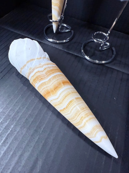 Orange Calcite Ice Cream Cone Carving (19cm | 367g) – Includes Stand