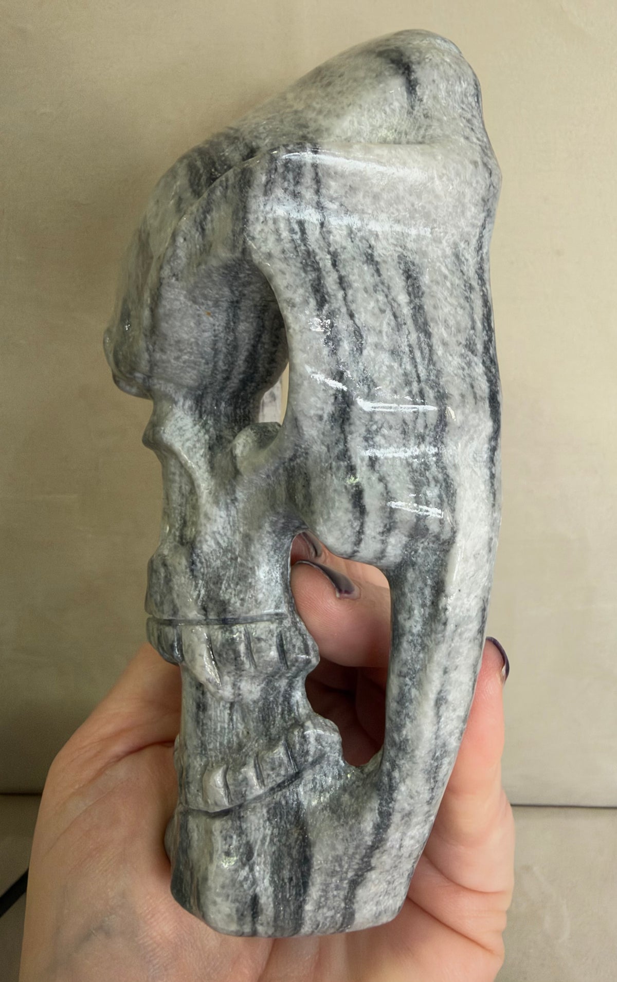 Black Crazy Lace Stone Skull Mask with Stand – 14.5 cm