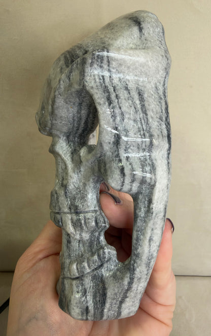 Black Crazy Lace Stone Skull Mask with Stand – 14.5 cm