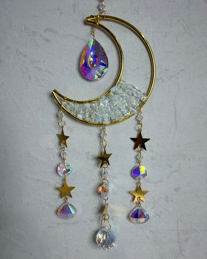 Clear Quartz Crescent Moon & Stars Suncatcher – 35 × 10cm