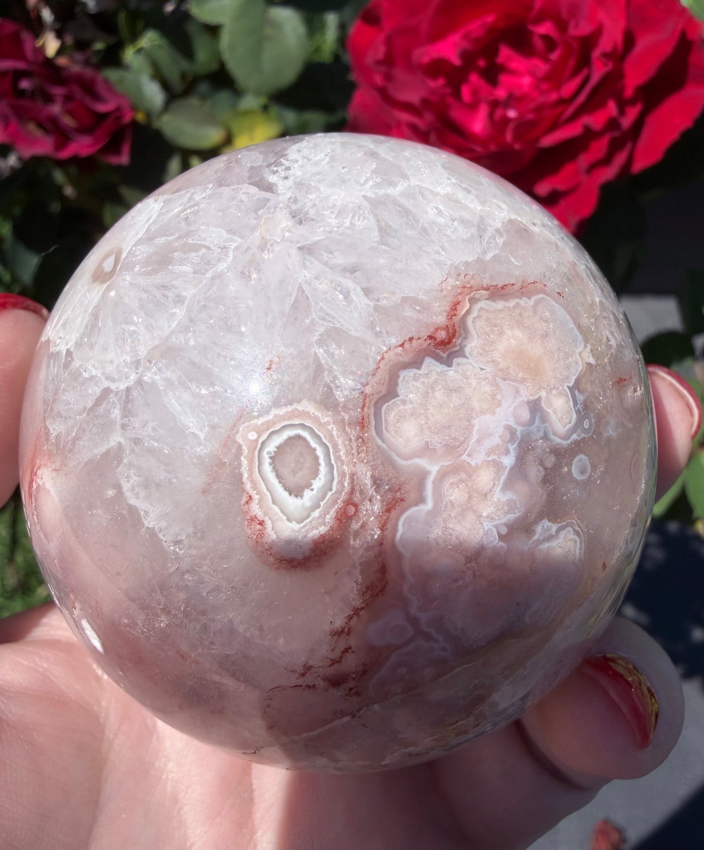 Premium Flower Agate Sphere with Druzy & Crystal Garden – 7 cm | 445g