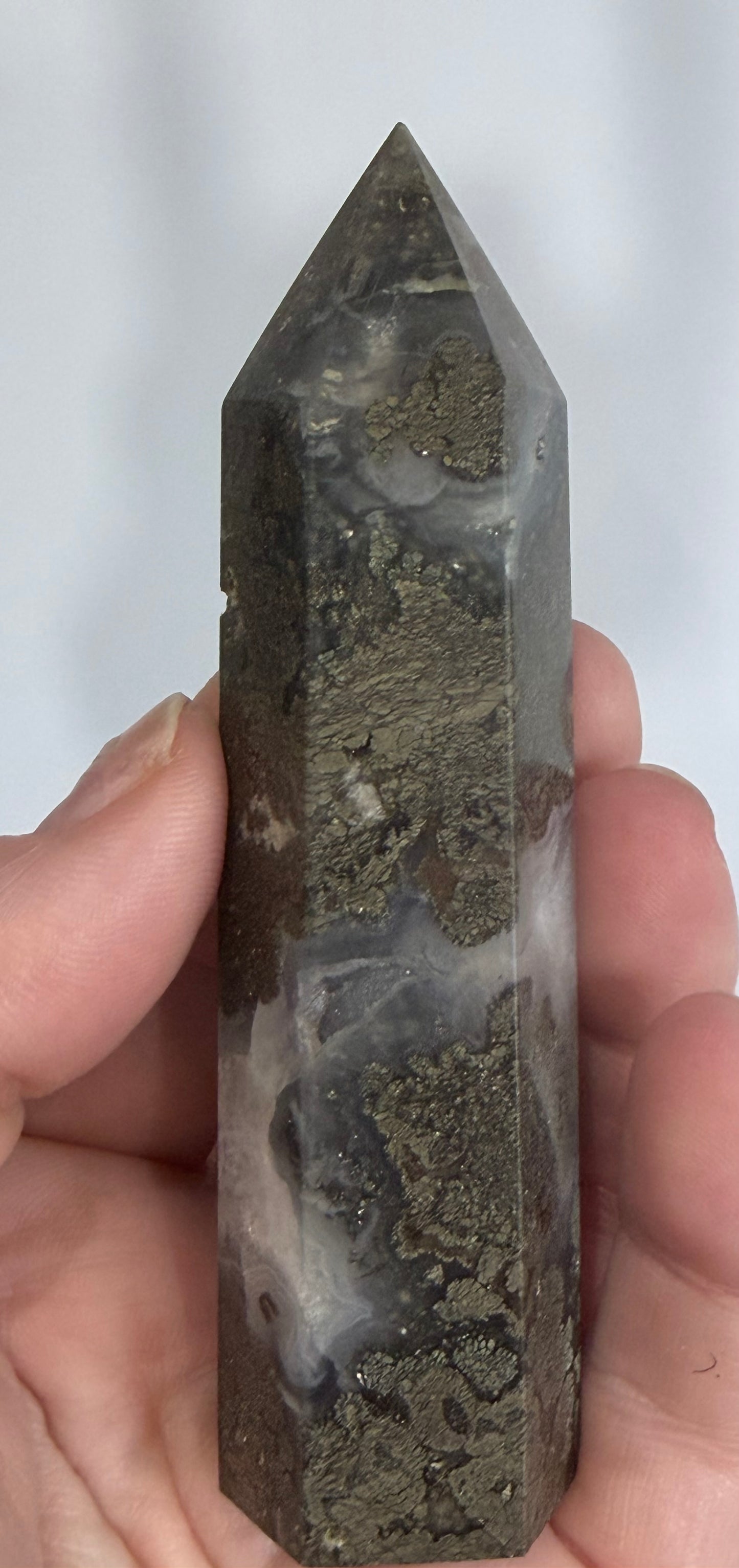Marcasite in Agate Crystal Tower – 10cm | 123g
