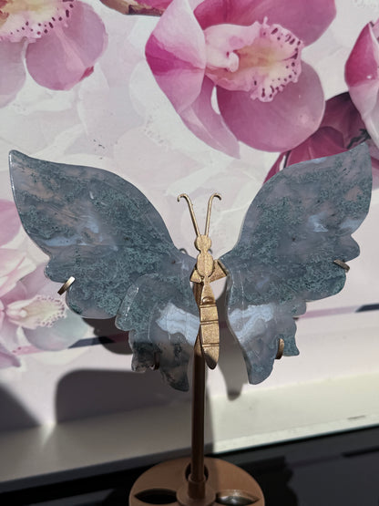 Moss Agate Butterfly On Gold Stand