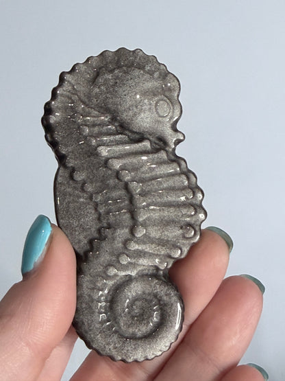 Silver Sheen Obsidian Seahorse Carving On Stand