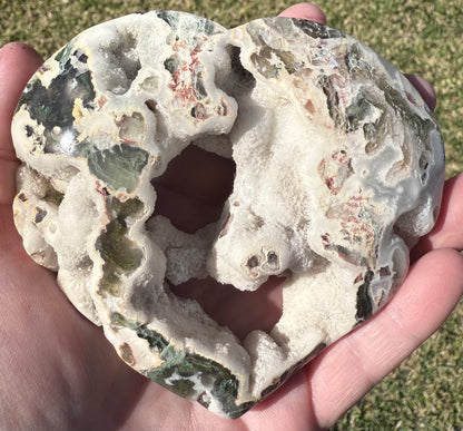 Unique Moss Agate Druzy Heart with Stand