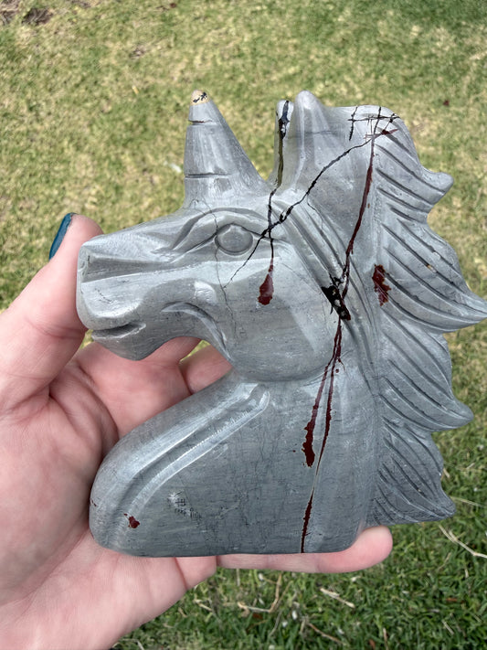 Grey Picture Jasper Unicorn Head Carving