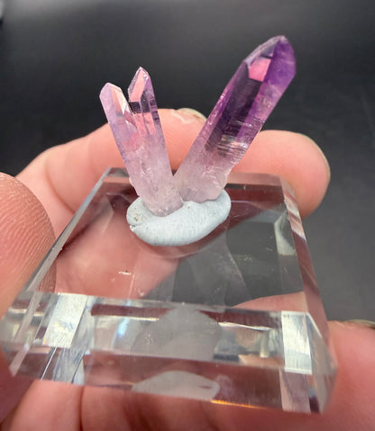 Vera Cruz Amethyst Twin Points on Glass Display