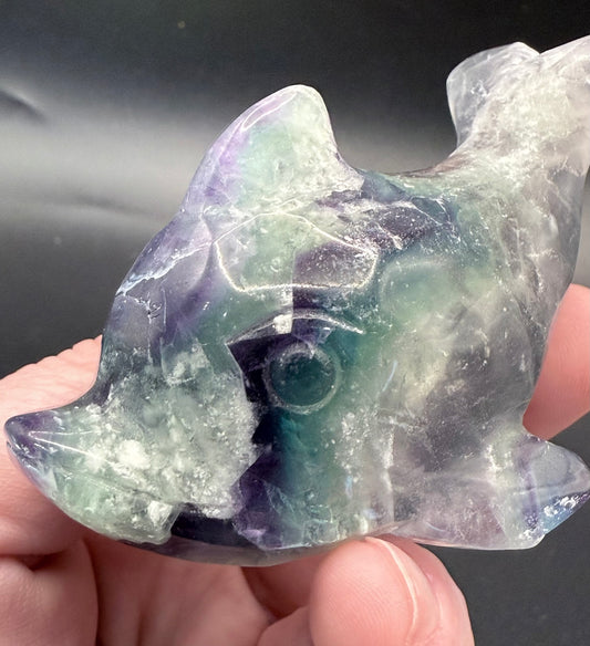 Rainbow Fluorite Dolphin Carving – 172g | 8.6 x 4.7cm