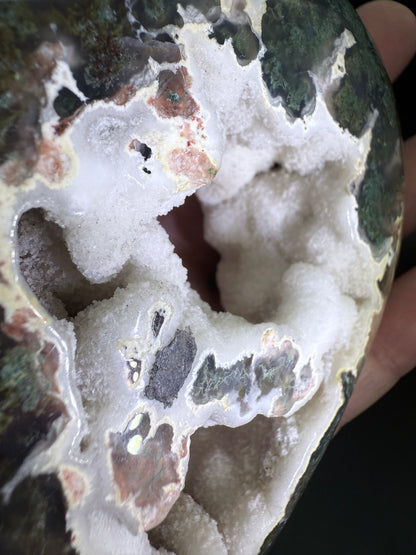 Unique Moss Agate Druzy Heart with Stand