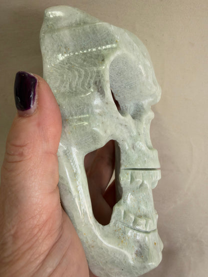 Serpentine Skull Mask Carving with Stand – 14.5 cm