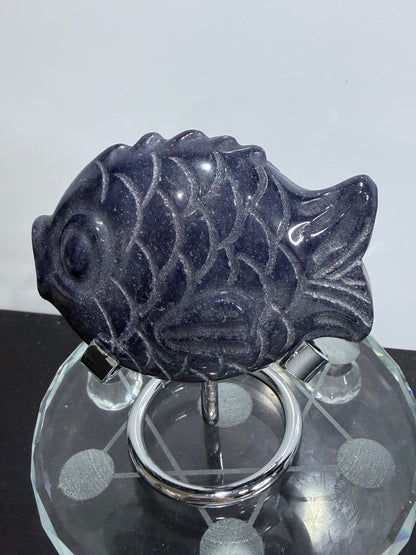 BLUE AVENTURINE FISH CARVING ON STAND