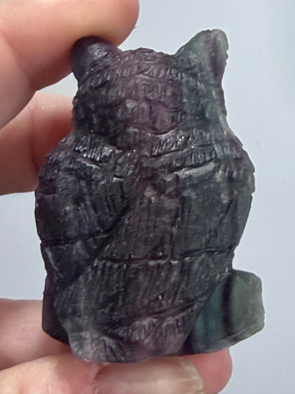 Rare Blue Banding Rainbow Fluorite Owl Carving – 5.1cm