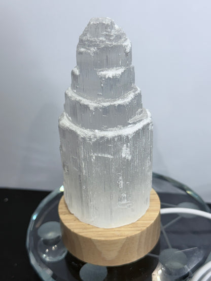 Selenite Tower Lamp with Colour-Changing LED Base – 10cm | 300g