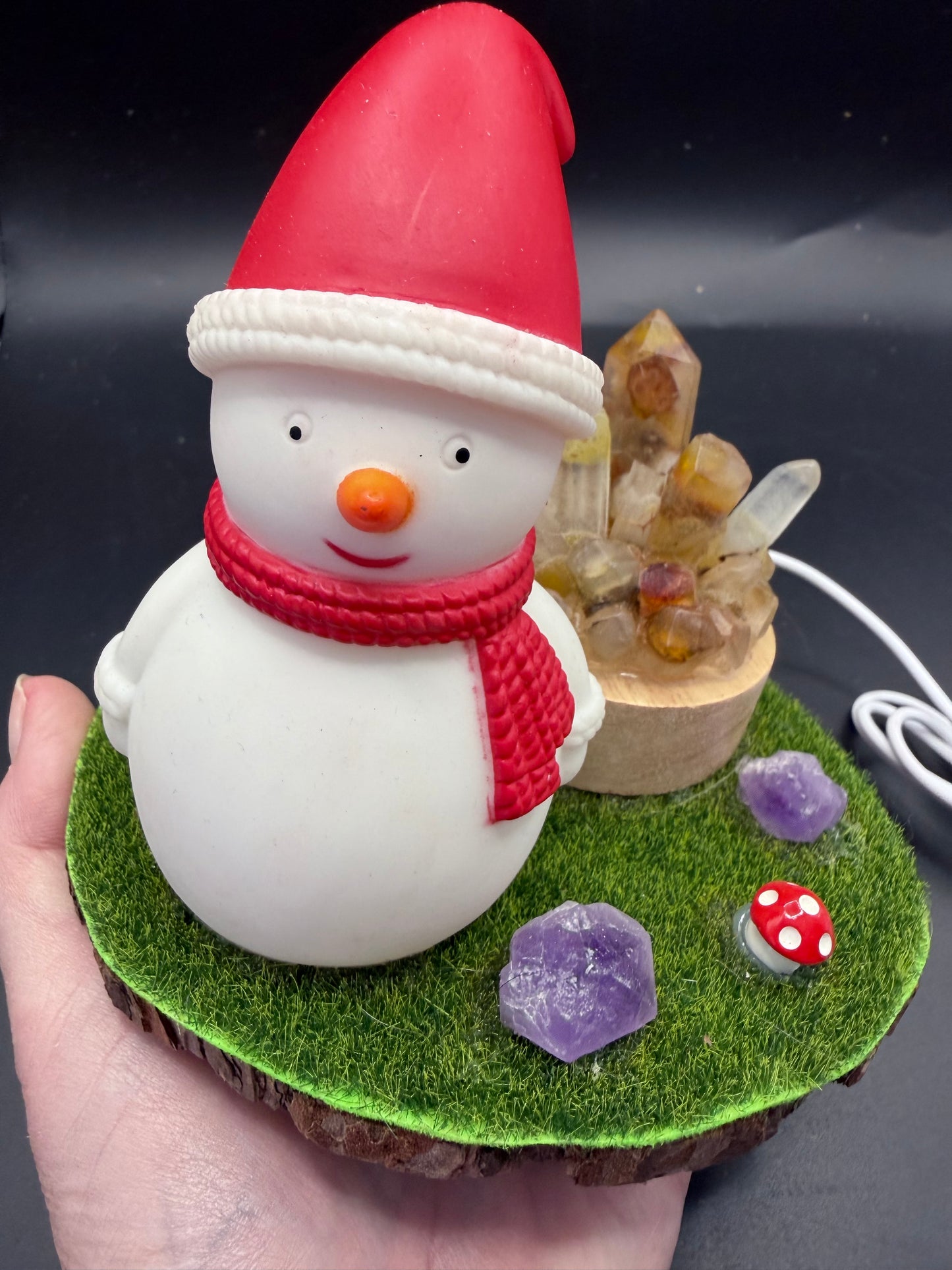 Snowman Christmas Lamp with Golden Healer Crystal Cluster