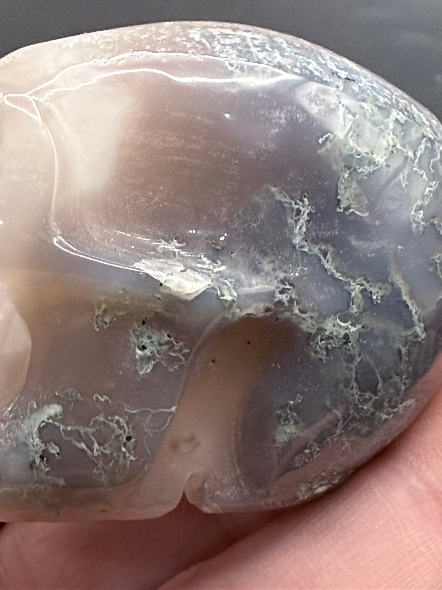 Moss Agate with Quartz Skull Carving – 120g | 5.5 × 5cm