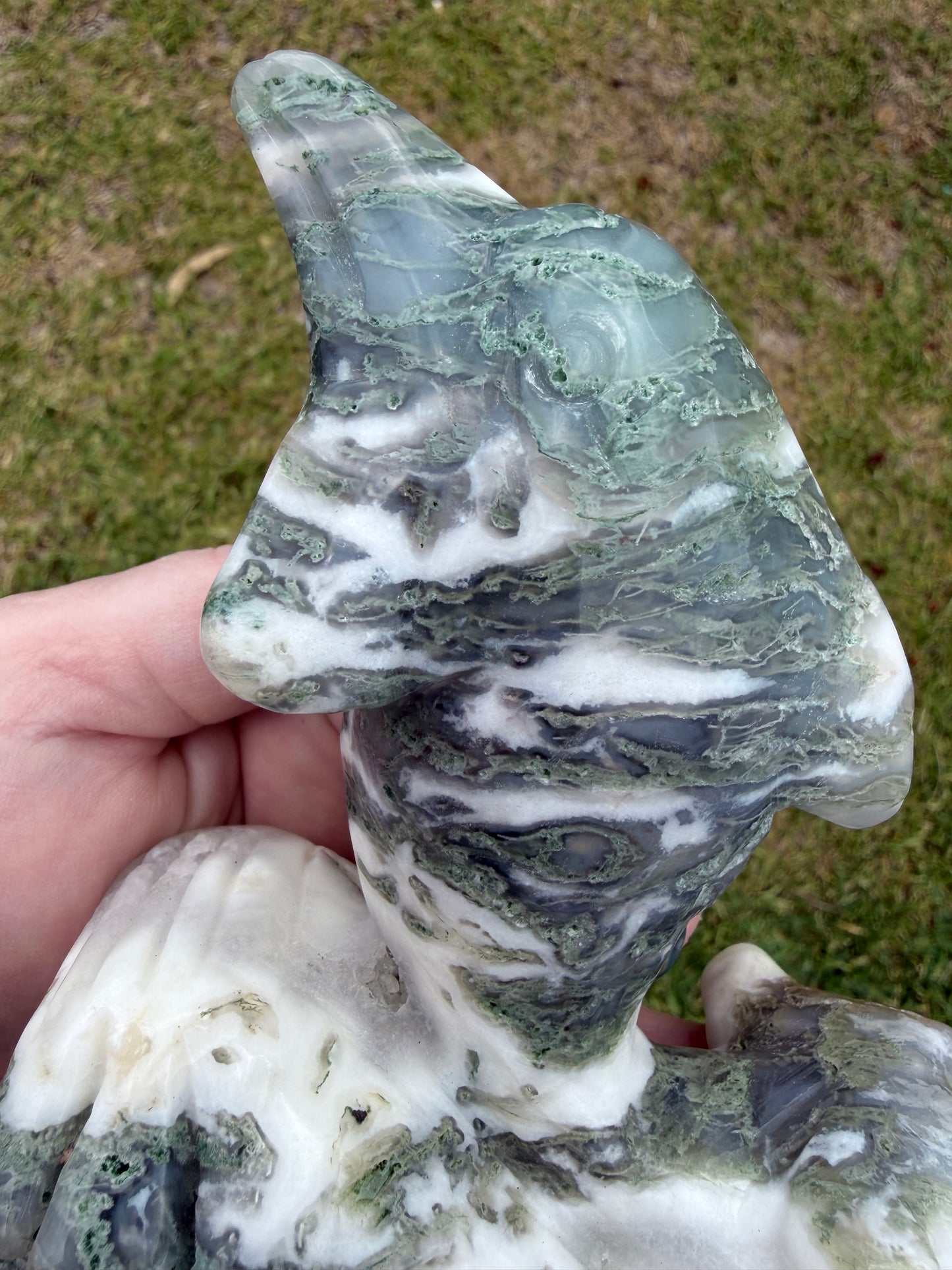 Moss Agate Dolphin Carving — 762g