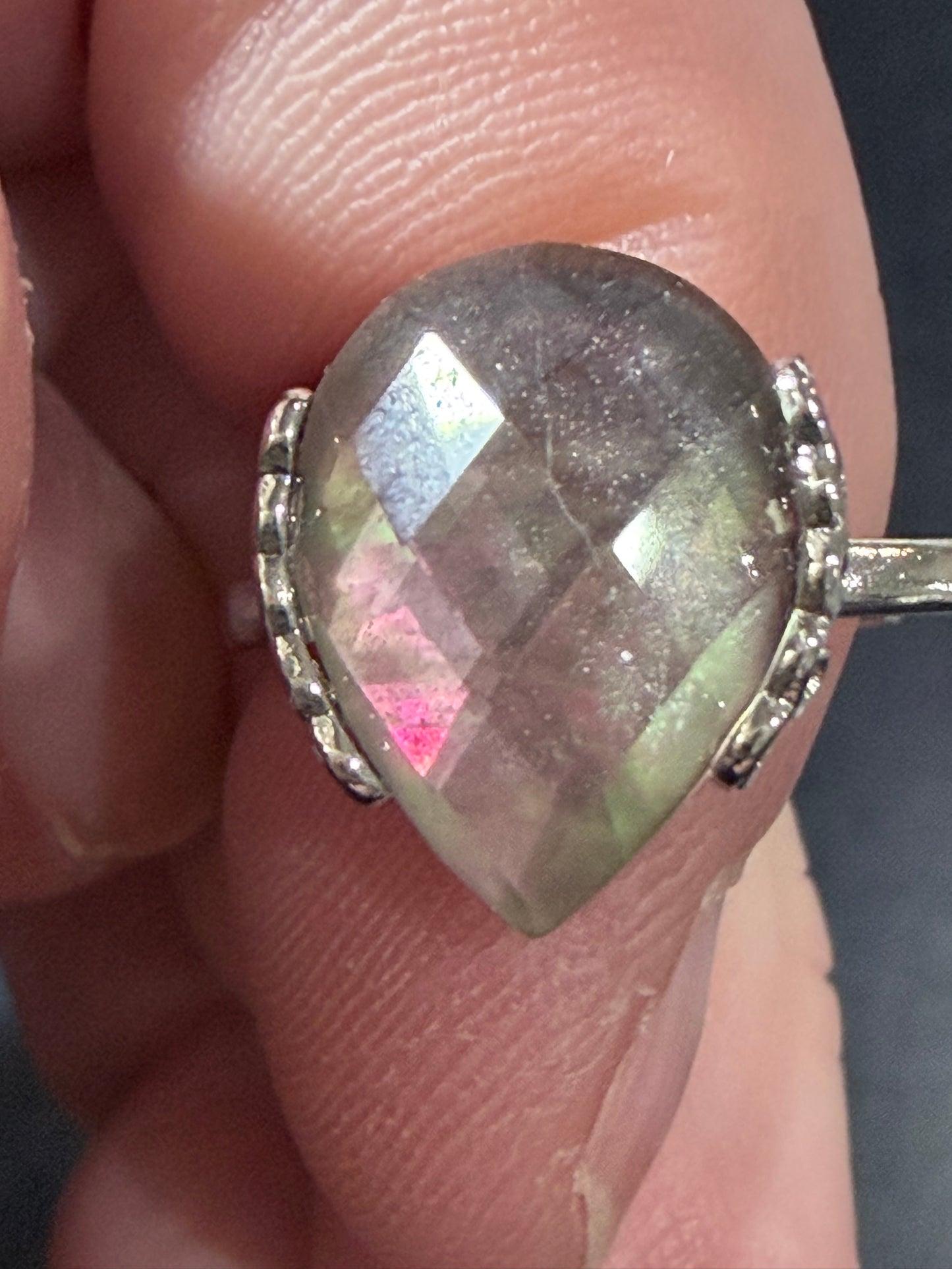 Natural Labradorite Ring | Faceted Teardrop Adjustable Ring