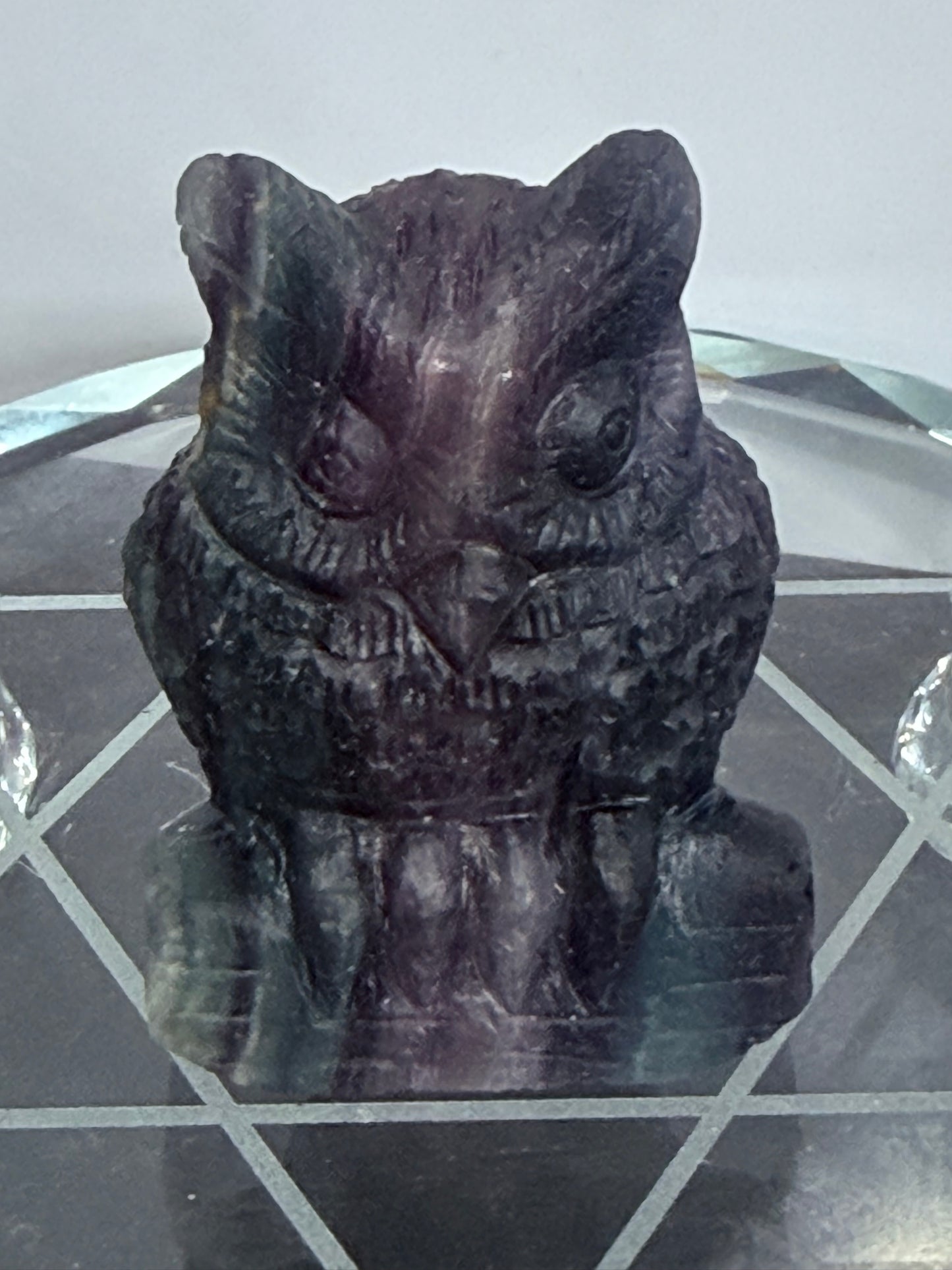 Rare Blue Banding Rainbow Fluorite Owl Carving – 5.1cm