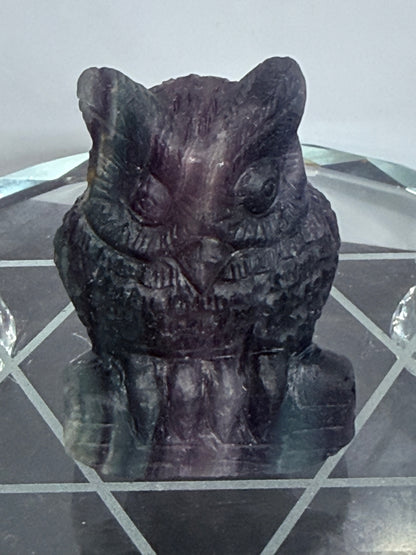 Rare Blue Banding Rainbow Fluorite Owl Carving – 5.1cm