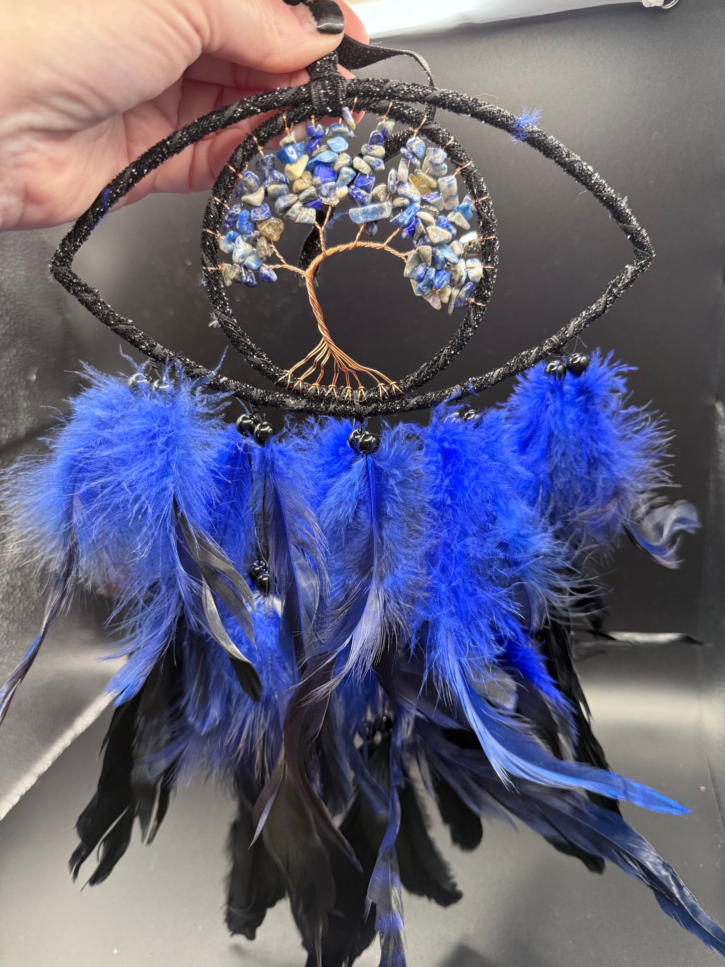 Blue & Black Dreamcatcher with Lapis Lazuli Tree of Life – 35cm