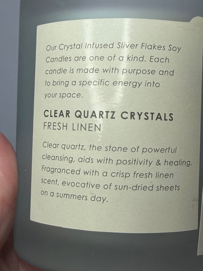 Crystal Infused Fresh Linen Soy Candle with Clear Quartz Crystals | 283g