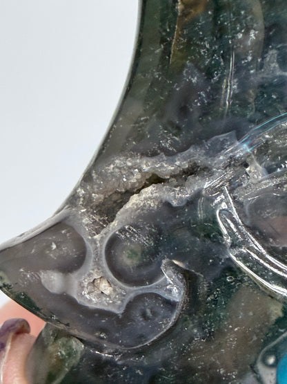 Moss Agate Moon Face Carving – 12cm