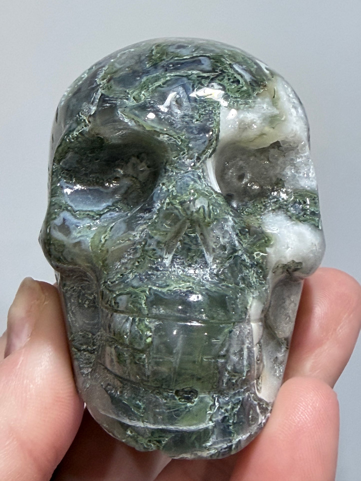 Moss Agate Druzy Skull – 6.5cm 265g
